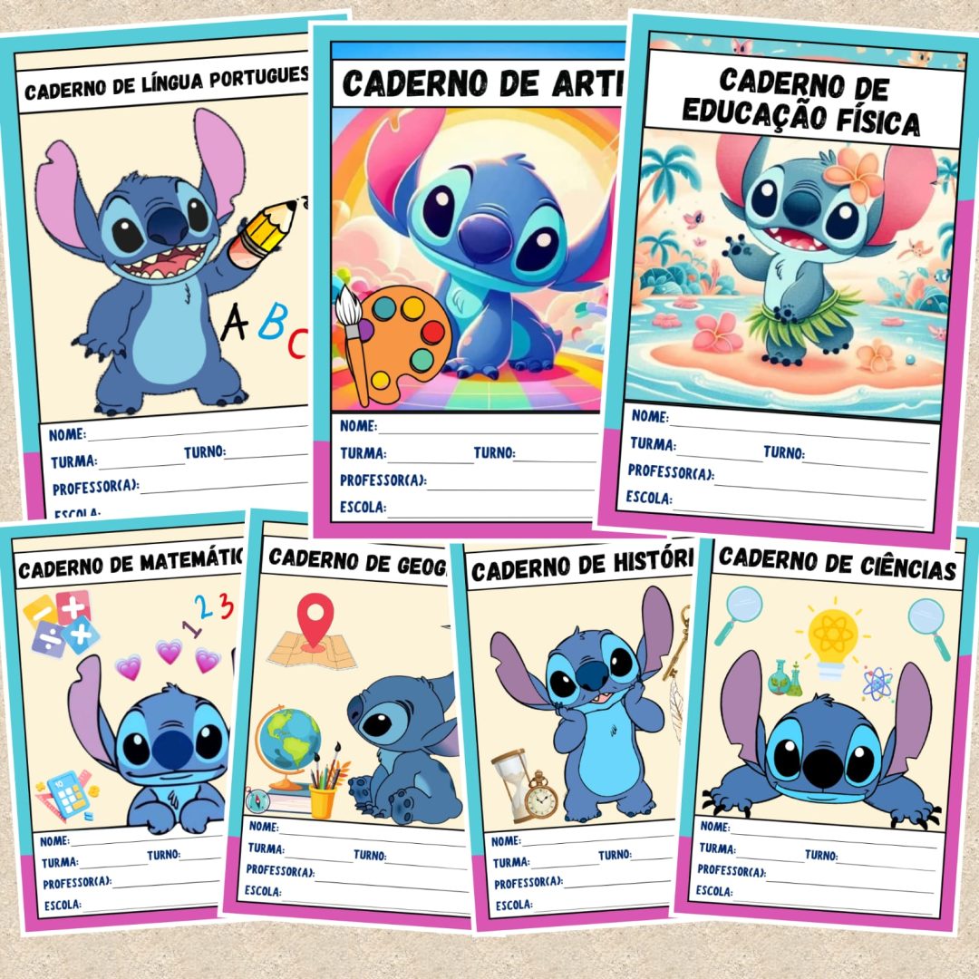 📔 CAPAS DE CADERNO COLORIDAS – TEMA STITCH 📔