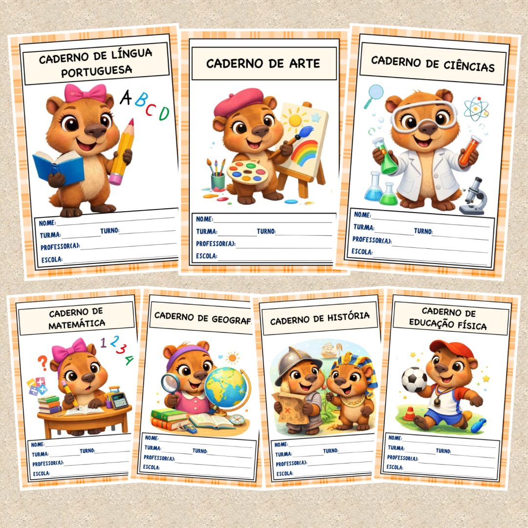 📔 CAPAS DE CADERNO COLORIDAS – CAPIVARAS📔