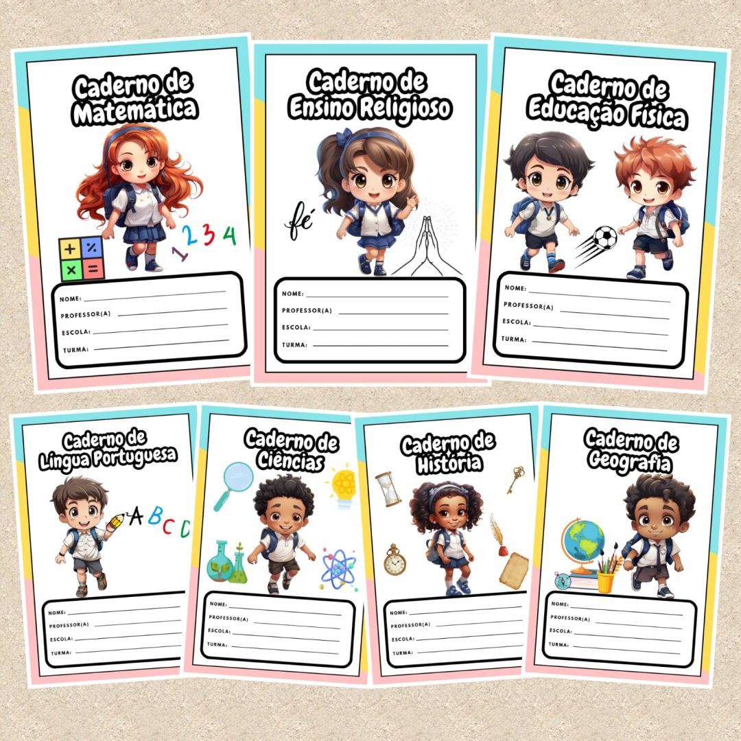 📔 CAPAS DE CADERNO COLORIDAS – MENINO E MENINA 📔