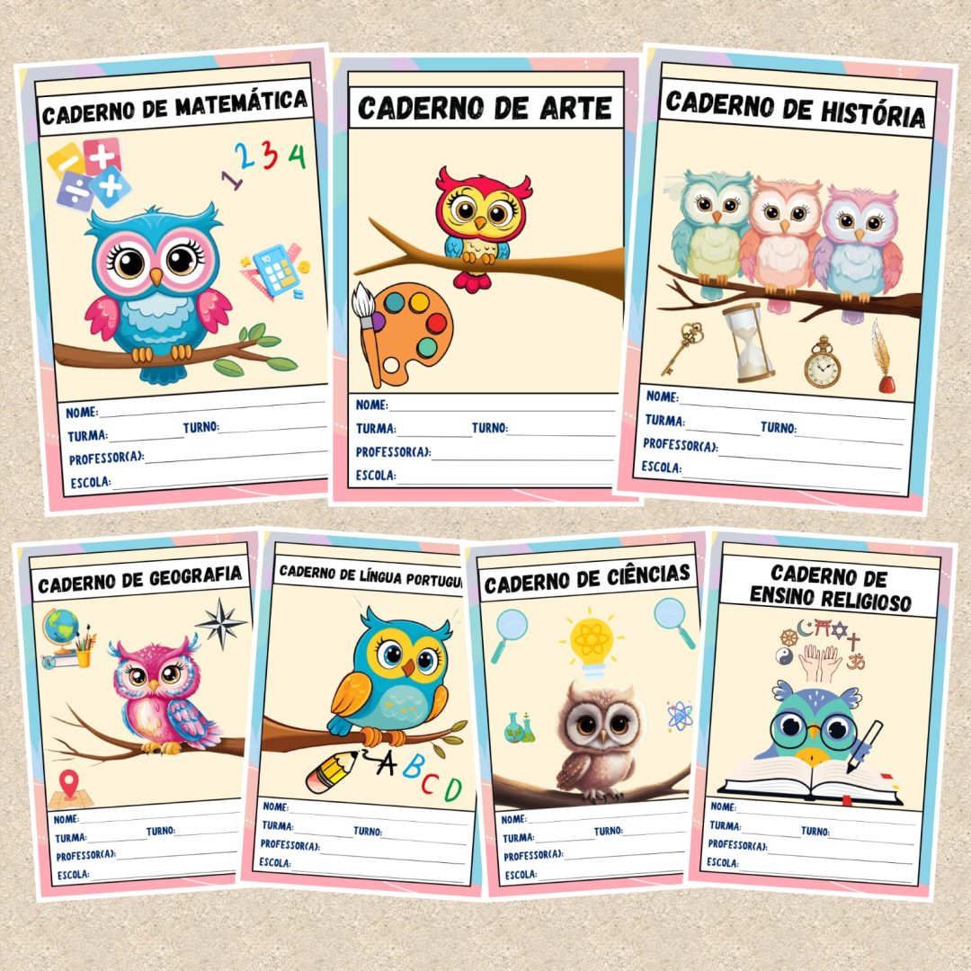 📔 CAPAS DE CADERNO COLORIDAS – CORUJAS 📔