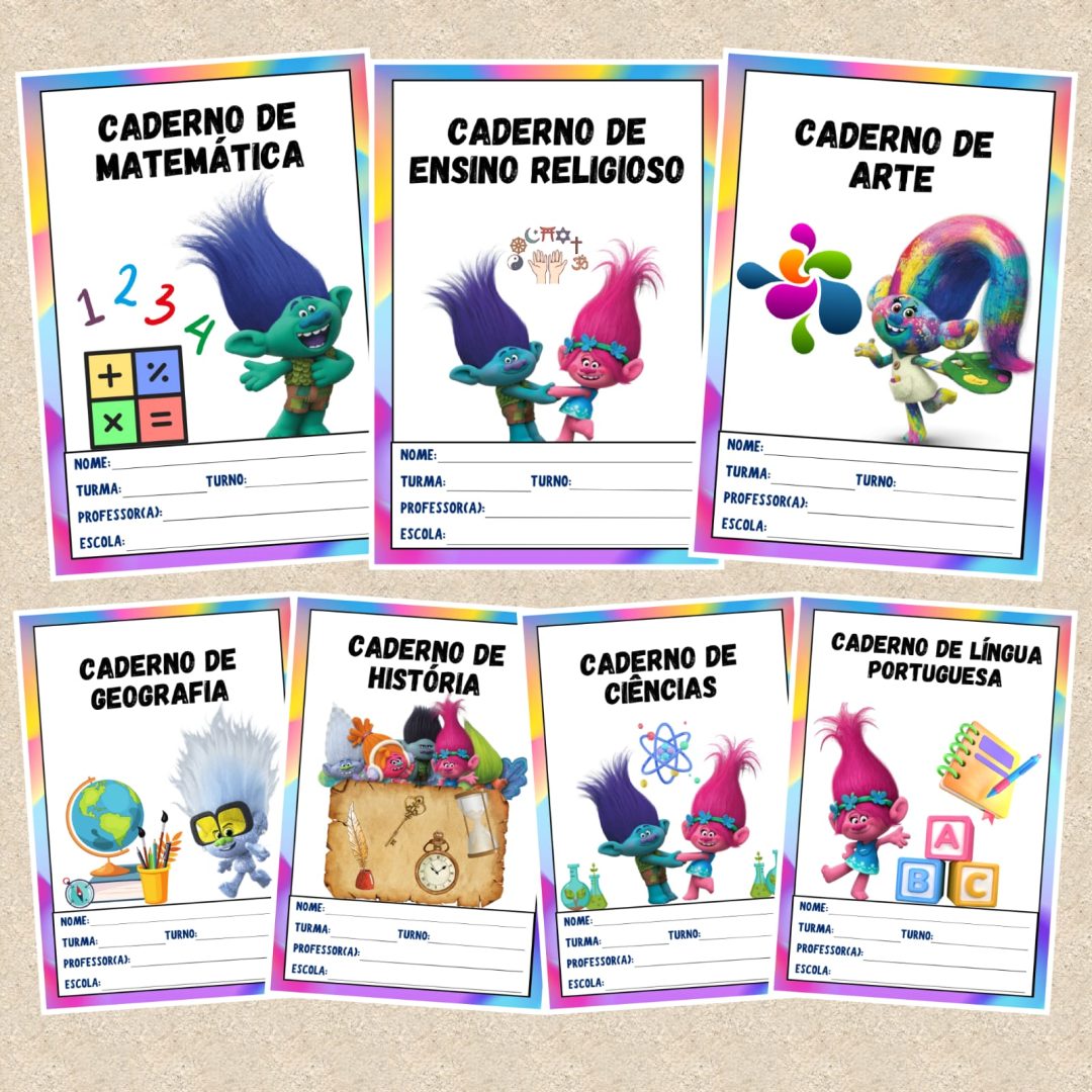 📔 CAPAS DE CADERNO COLORIDAS – TROLLS📔