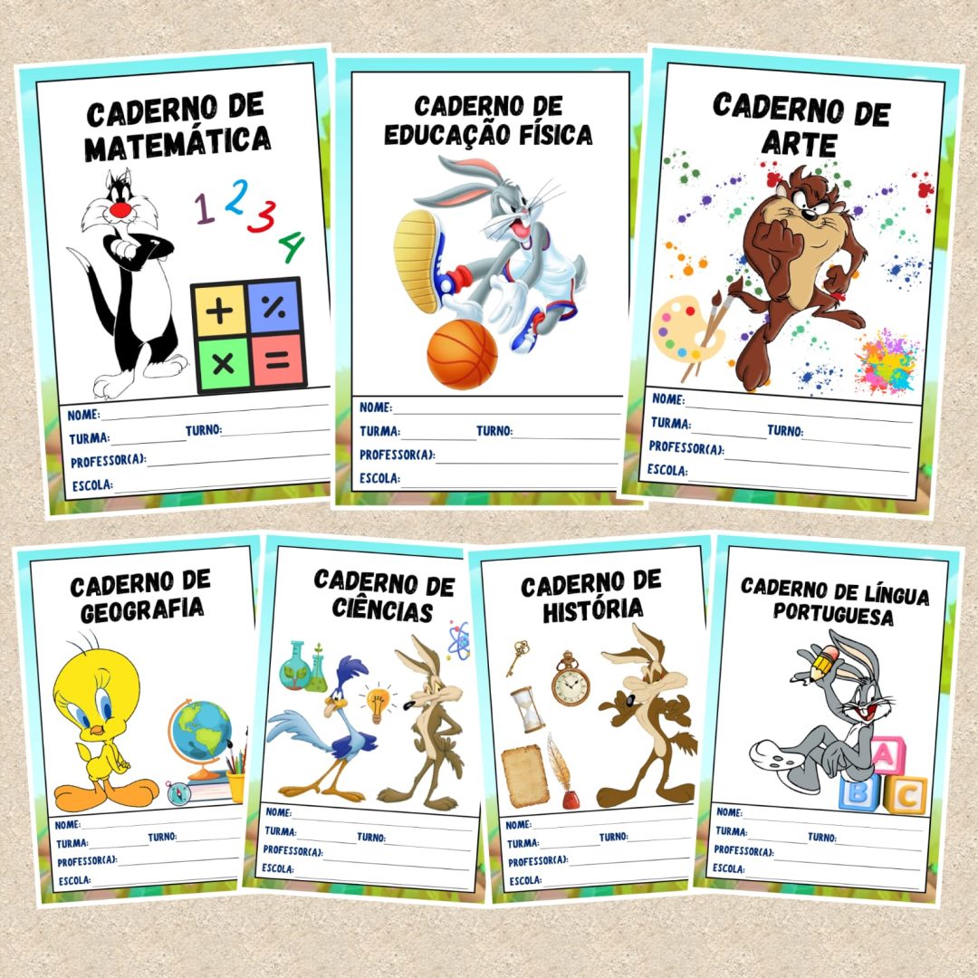 📔 CAPAS DE CADERNO COLORIDAS – LOONEY TUNES📔
