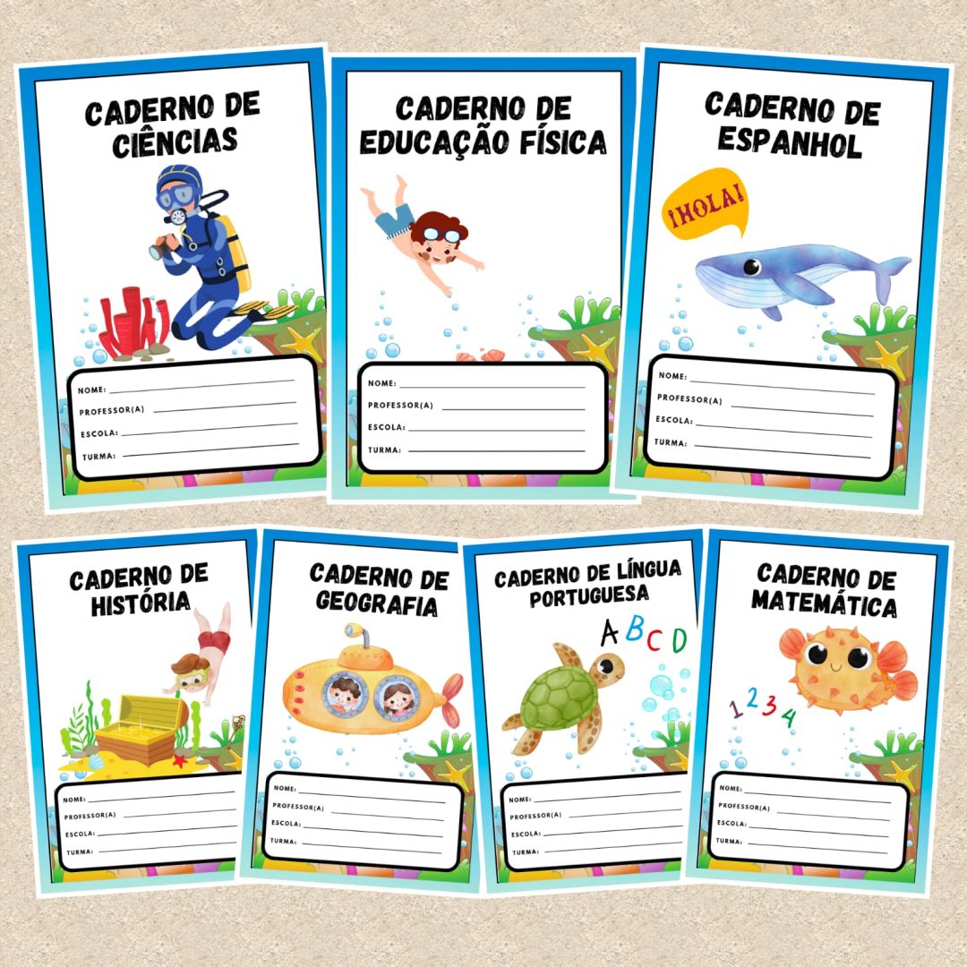 📔 CAPAS DE CADERNO COLORIDAS – FUNDO DO MAR📔