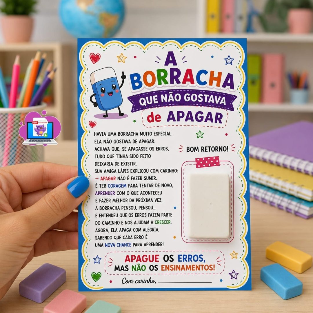 🎒 CARTÃO VOLTA ÀS AULAS A Borracha que Não Gostava de Apagar