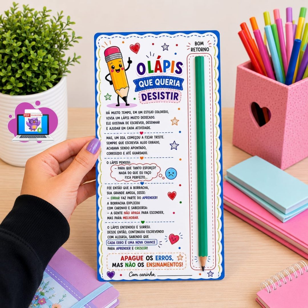 CARTÃO VOLTA ÀS AULAS "O LÁPIS QUE QUERIA DESISTIR" ✏️
