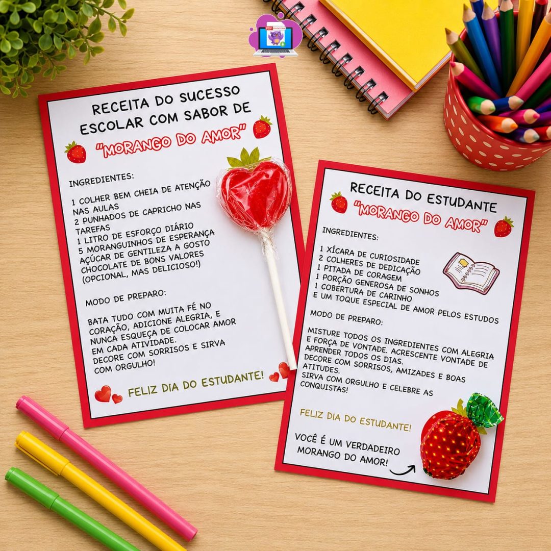 CARTÕES DIA DO ESTUDANTE – MORANGO DO AMOR 🍓
