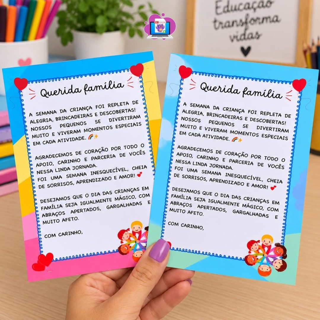 CARTÃO DE AGRADECIMENTO ÀS FAMÍLIAS – SEMANA DA CRIANÇA